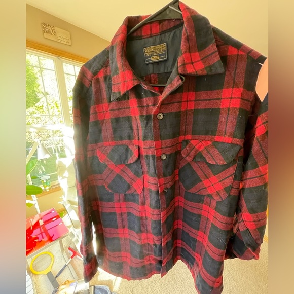 Pendleton 1950s Vintage Men’s Red Plaid Wool Button Up, Rare! Size Large. - Picture 2 of 6